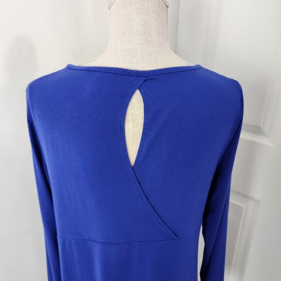 Eileen Fisher Dress Womens L Blue Midi Jersey Knit Keyhole Neck Minimalist - Picture 5 of 14